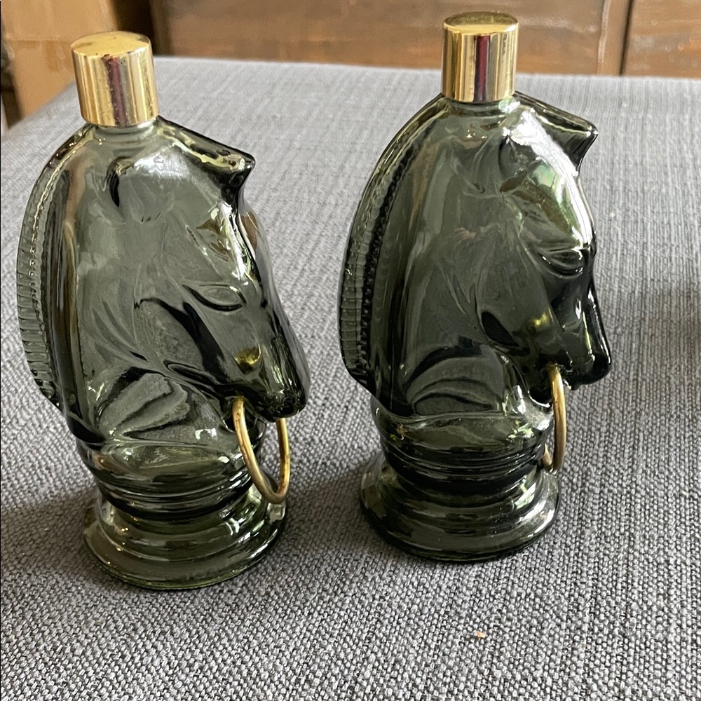 Vintage Green Glass Horse Head after shave or cologne bottles.